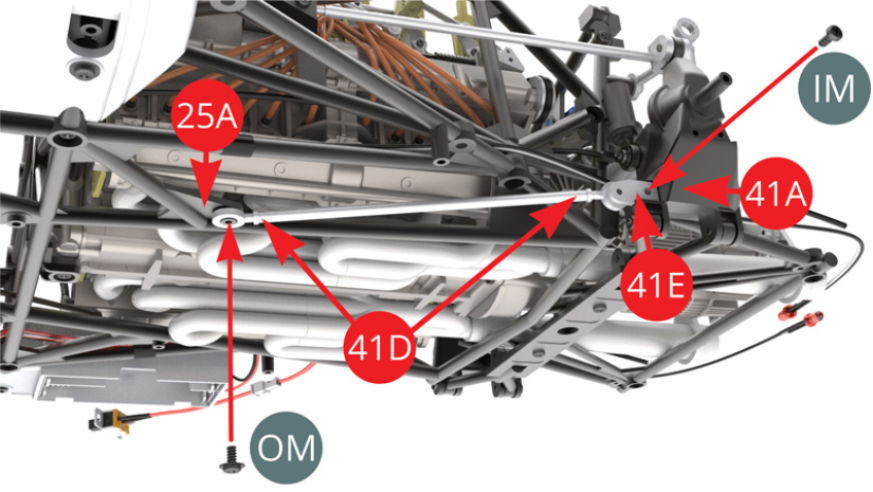 Fixer le bras de suspension 41D et son support 41E, respectivement sur le châssis inférieur 25A avec une vis OM et sur le pivot arrière gauche 41A avec une vis IM.