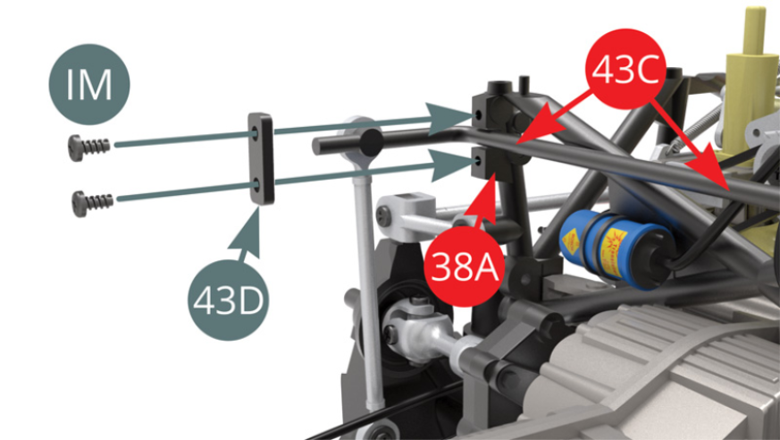 Fixar a barra traseira anti-rolamento (43C) à estrutura do lado direito (39A) com dois parafusos IM utilizando o suporte de montagem (43D). 