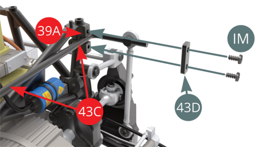 Fija la barra estabilizadora trasera (43C) al bastidor lateral derecho (39A) mediante el Soporte de montaje (43D) con dos tornillos IM.