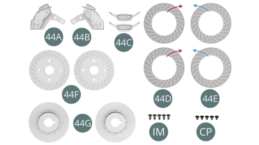 44A Étrier de frein gauche44B Étrier de frein droit44C Cache-pistons de frein (x 2)44D Surface du disque de frein avec trous de ventilation vers la droite (x 2)44E Surface du disque de frein avec trous de ventilation vers la gauche (x 2)44F Demi-disque de frein intérieur (x 2)44G Demi-disque de frein extérieur (x 2)IM Vis M 1,7 x 3,5 mm (x 5)CP Vis M 1,7 x 3 x 3 mm (x 5)