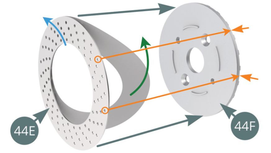 Montaje del disco de freno derechoRetira el papel protector (flecha verde) de la Superficie del disco de freno (44E) - observa la dirección de los orificios de ventilación, flecha azul - y aplica el adhesivo sobre el Semidisco de freno interior (44F). Asegúrate de que los orificios exteriores se alinean con las nervaduras del disco (44F) - flechas naranjas.Retira el papel protector (flecha verde) de la superficie del disco de freno (44E) - observa la dirección de los orificios de ventilación, flecha roja - y aplica el adhesivo sobre el Semidisco de freno exterior (44G). Asegúrate de que los orificios exteriores se alinean con las nervaduras del Semidisco (44G) - flechas naranjas.