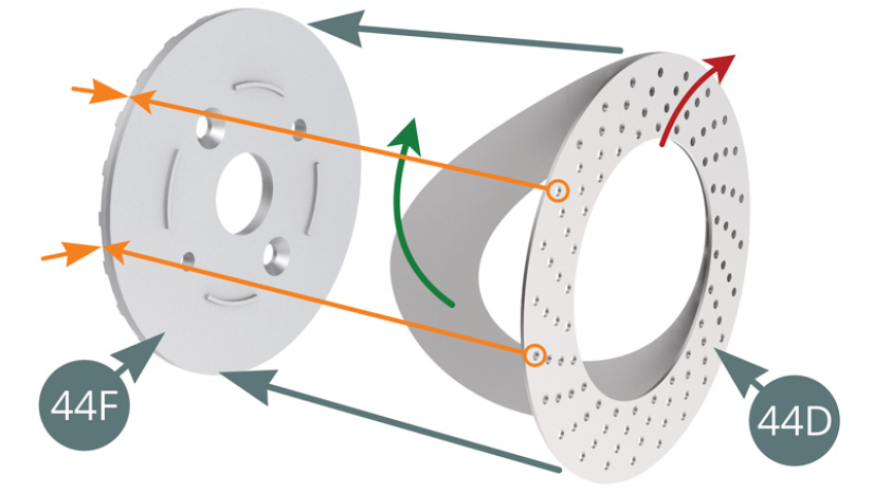 Montagem do disco de travão esquerdoRemover o papel protector (seta verde) da superfície do disco de travão (44D) - notar a direcção dos orifícios de ventilação, seta vermelha) e aplicar o adesivo no meio disco do travão interior (44F). Certifique-se de que os orifícios exteriores se alinham com as costelas do Semidisc (44F) - setas cor de laranja.