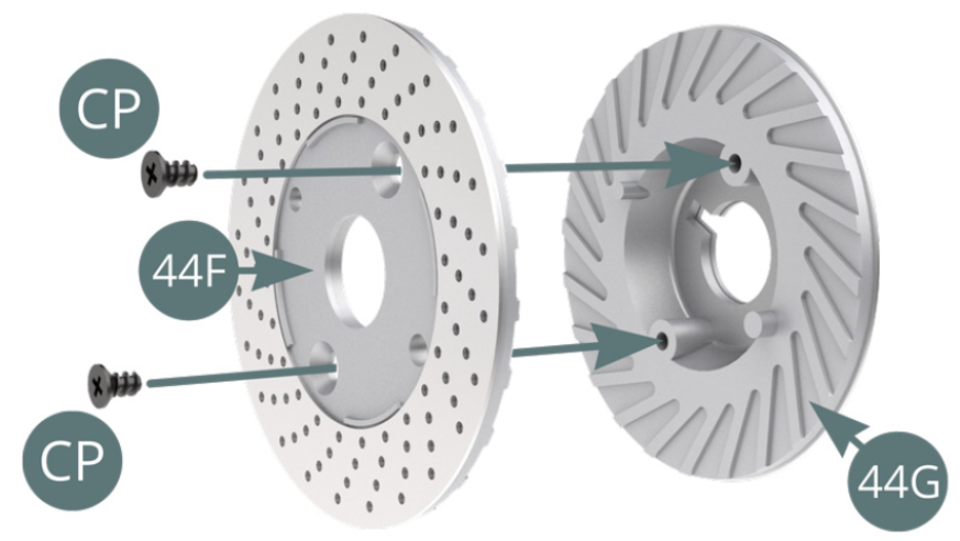 Positionner ensemble les demi-disques de frein extérieur 44G et intérieur 44F et les fixer avec deux vis CP.