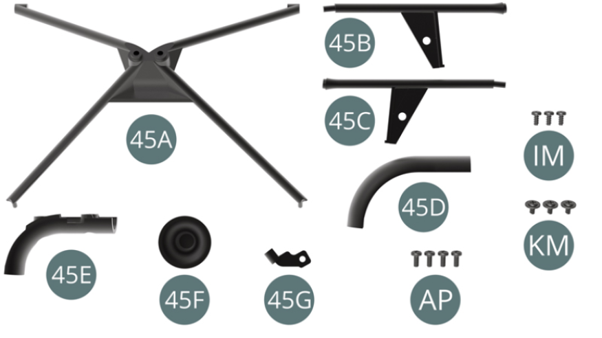 45A Telaio di rinforzo 45B Supporto sinistro 45C Supporto destro 45D Linea di raffreddamento della trasmissione 45E Linea di raffreddamento della trasmissione 45F Uscita del tubo 45G Staffa di supporto  Vite AP M 1,7 x 4 mm (x 4) Vite IM M 1,7 x 3,5 mm (x 3) Vite KM M 1,7 x 3 x 5 mm (x 3)