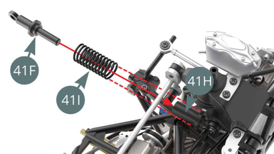 Positionner le ressort de suspension 41I sur l’amortisseur 41H (flèches pointillées rouges).Positionner l’axe de piston de suspension 41F dans le cylindre de l’amortisseur 41H en le passant dans le ressort 41I.