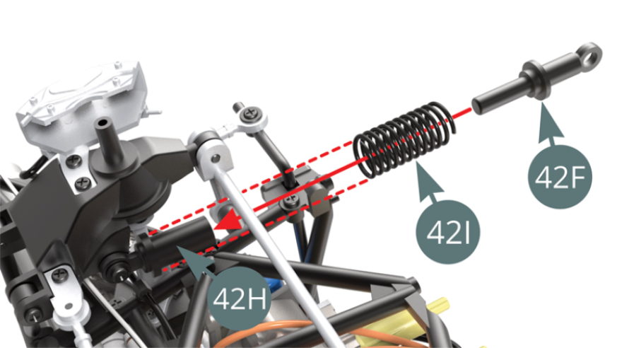 Positionner le ressort de suspension 42I sur l’amortisseur 42H (flèches pointillées rouges).Positionner l’axe de piston de suspension 42F dans le cylindre de l’amortisseur 42H en le passant dans le ressort 42I.