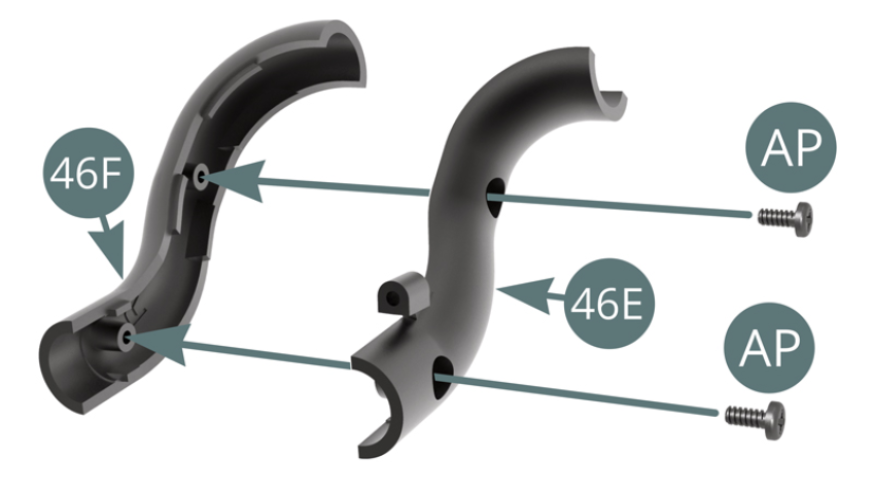 Raccorder les deux moitiés de conduite de refroidissement 46F et 46E, puis les fixer avec deux vis AP.