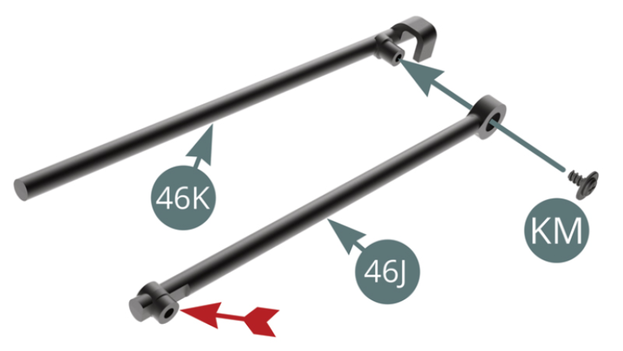 Positionner le bras de levage 46J sur le bras de levage 46K (noter l’orientation de l’extrémité libre indiquée par la flèche rouge) et le fixer avec une vis KM.