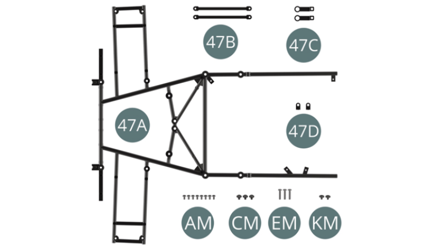 47A Bastidor superior 47B Montante inferior delantero (x 2) 47C Soporte (x 2) 47D Soporte (x 2) Tornillo AM M 1,7 x 3 mm (x 8) Tornillo CM M 2.0 x 3 x 5 mm (x 3) Tornillo EM M 2.0 x 9 mm (x 3) Tornillo KM M 1,7 x 3 x 5 mm (x 2)