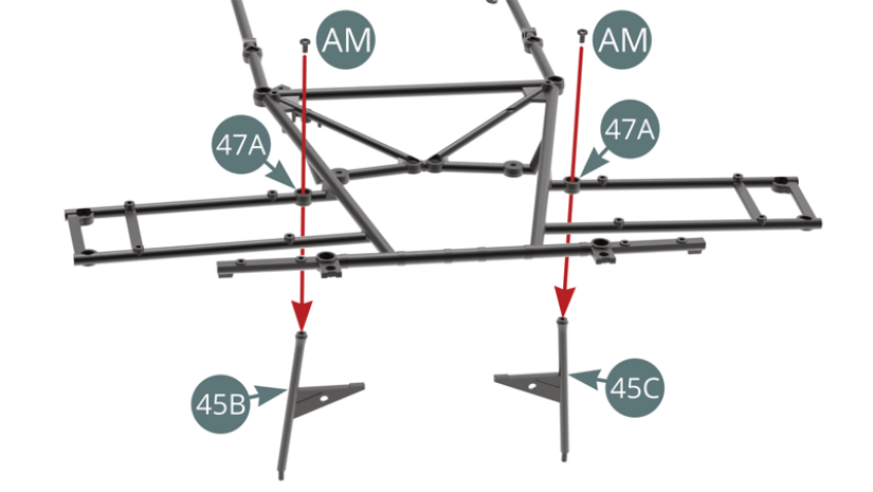 Positionner le montant gauche 45B et le montant droit 45C sur le châssis supérieur 47A et fixer chacun d’eux avec une vis AM (illustrations ci-contre et ci-dessous).