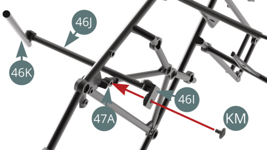 Montar o braço de apoio da tampa (46K-46J) na estrutura superior (47A) através do suporte 46I e fixar com um parafuso KM.Verificar se os Braços de Apoio (46K-46J) dobram e desdobram corretamente (setas azuis) como se mostra na imagem.