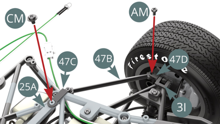 Positionner l’extrémité libre de la jambe de force inférieure avant 47B sur le support 47D et le support 47C de l’autre extrémité sur le châssis inférieur 25A. Puis les fixer respectivement avec une vis AM et CM (sous le côté gauche).