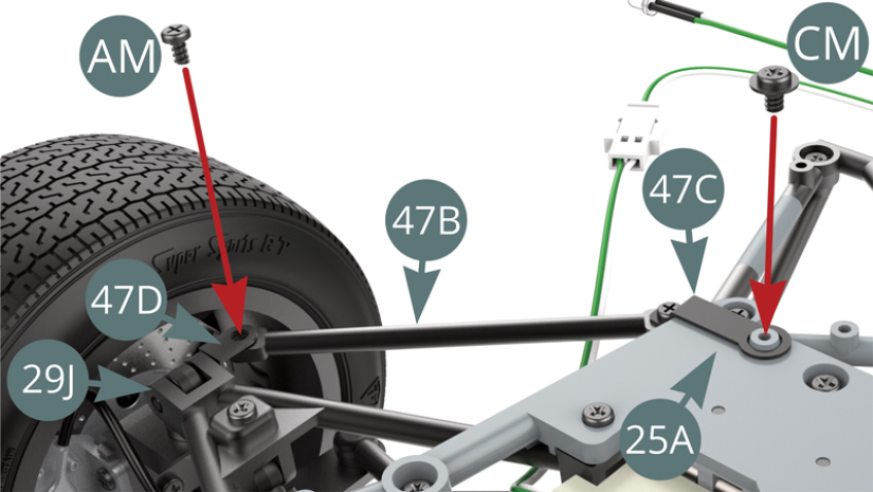 Positionner l’extrémité libre de la jambe de force inférieure avant 47B sur le support 47D et le support 47C de l’autre extrémité sur le châssis inférieur 25A. Puis les fixer respectivement avec une vis AM et CM (sous le côté droit).