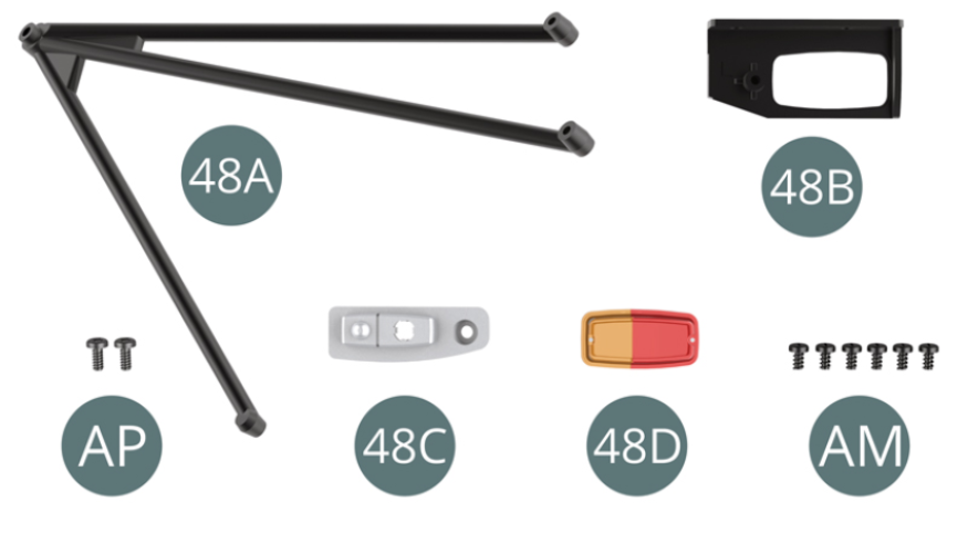 48A Barra trípode izquierda 48B Carcasa de la luz trasera izquierda 48C Reflector de luz trasera izquierda 48D Luz trasera izquierdaTornillo AM M 1,7 x 3 mm (x 6) Tornillo AP M 1,7 x 4 mm (x 2)