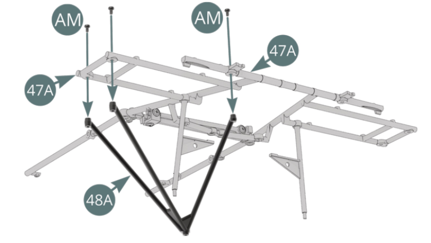 Montar a barra do tripé esquerdo (48A) na estrutura superior (47A) e fixá-la com três parafusos AM (indicados ao lado e abaixo).