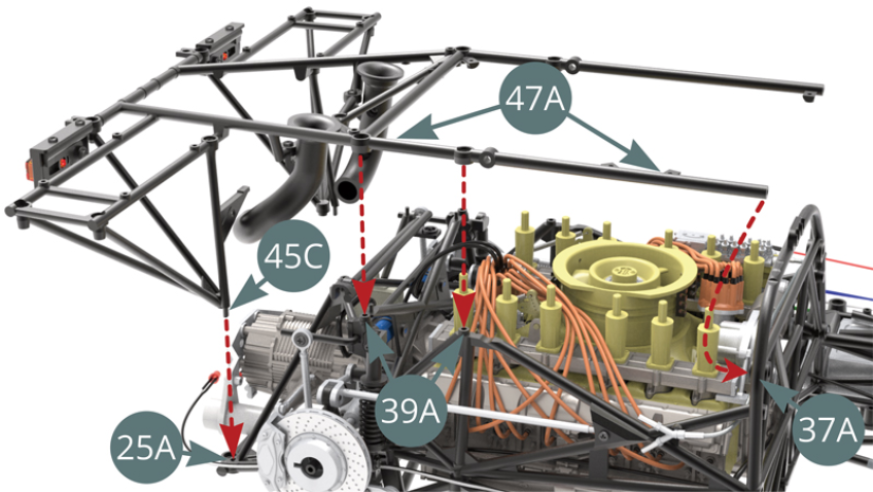 Allineare e montare (inserendo i perni nelle prese appropriate come indicato dalle frecce rosse tratteggiate) il telaio superiore (47A) e il supporto destro (45C) al telaio inferiore (25A), al telaio laterale destro (39A) e al telaio divisorio della cabina (37A).