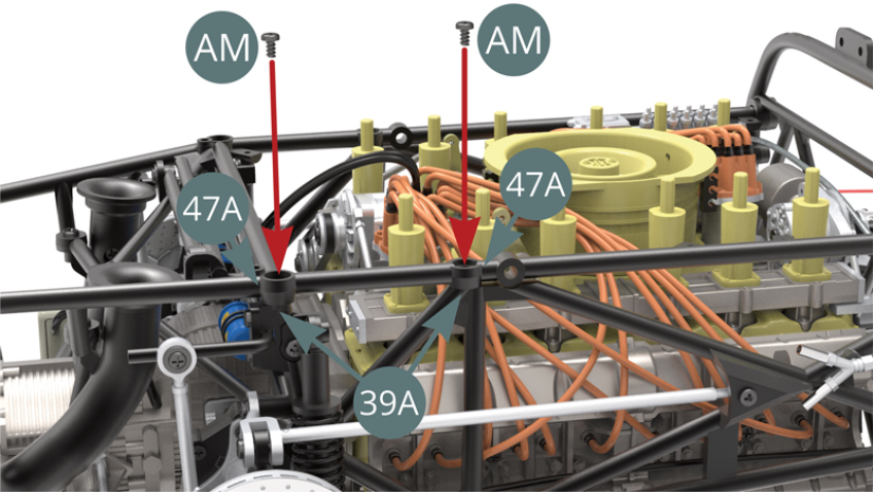 Fixar a armação superior (47A) à armação do lado direito (39A) com dois parafusos AM. 