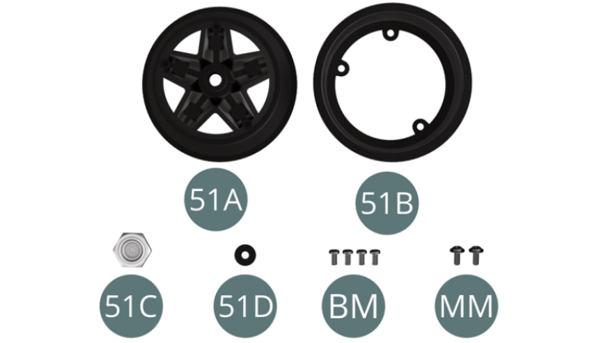 51A Cerchio esterno della ruota posteriore 51B Cerchio interno della ruota posteriore 51C Coprimozzo51D Rondella Vite BM M 2 x 4 mm (x 4) Vite MM M 2 x 5 x 5mm (x 2)