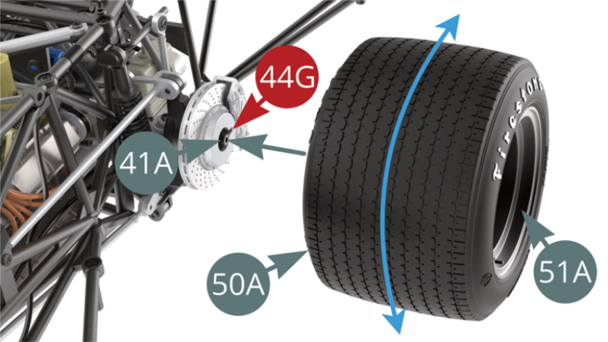 Positionner la jante extérieure de la roue arrière gauche 51A sur l’axe du pivot arrière gauche 41A et faire tourner la roue (flèche bleue) jusqu’à ce que la nervure de positionnement s’engage dans la fente du demi-disque de frein extérieur 44G.
