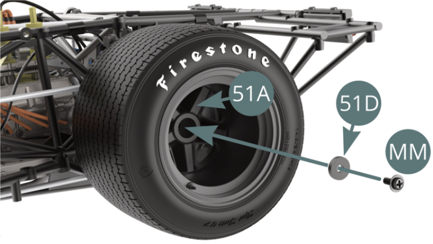 Fixer la jante extérieure de la roue arrière gauche 51A avec une vis MM en la passant préalablement dans la rondelle 51D.