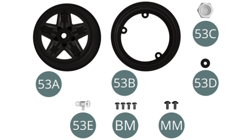 53A Jante extérieure de roue arrière53B Jante intérieure de roue arrière53C Cache-moyeu53D Rondelle53E Butée de supportBM Vis M 2 x 4 mm (x 4)MM Vis M 2 x 5 x 5mm (x 2)