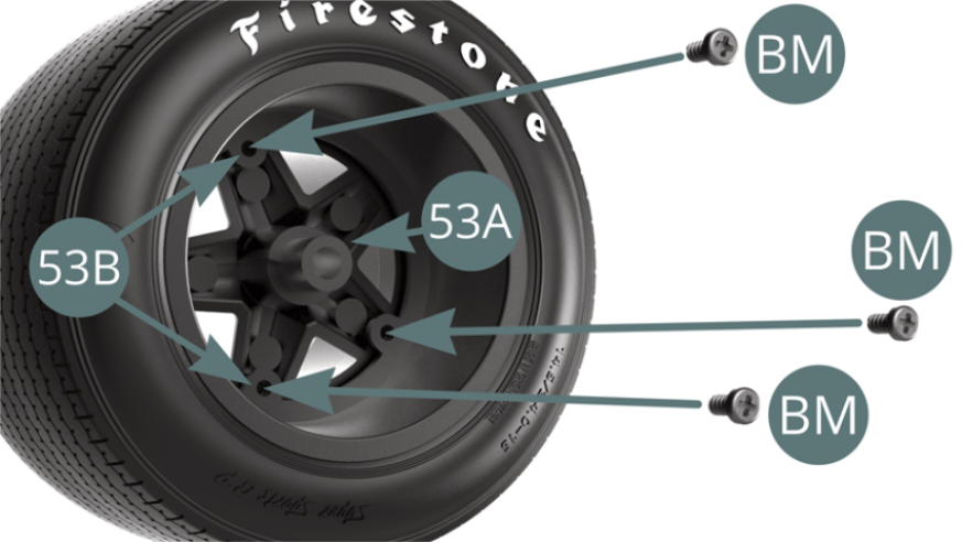 Fija la Llanta interior (53B) y la exterior (53A) con tres tornillos BM. La rueda trasera derecha está lista para ser montada en el chasis.