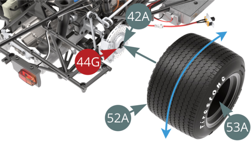 Position the outer rim of the left rear wheel (53A) on the left rear pivot pin (42A) and rotate the wheel (blue arrow) until the locating rib engages the slot in the outer brake half disc (44G).