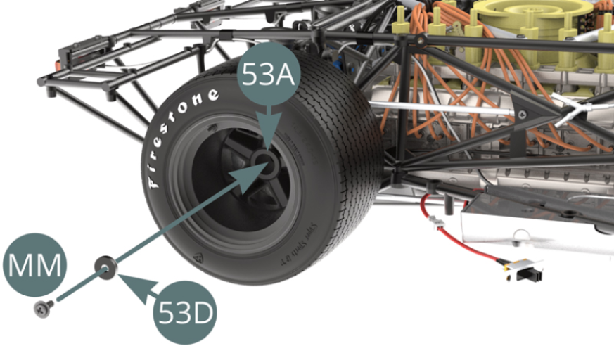 Secure the outer rim of the left rear wheel (53A) with an MM screw by first passing it through washer (53D).