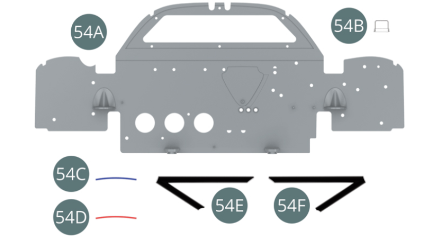 54A Cabin bulkhead54B Voltage regulator54C Electrical cable (blue)54D Electrical cable (red)54E Left tubular frame post54F Right tubular frame post