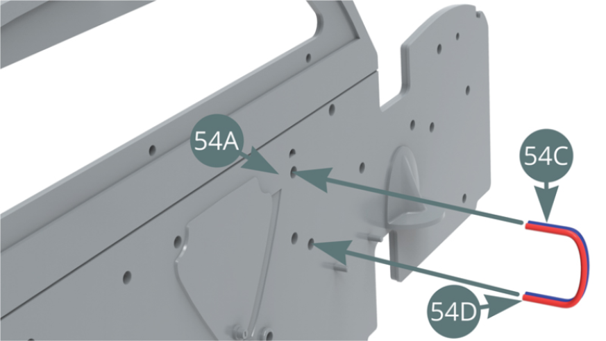 Position both electric cables, blue (54C) and red (54D), on the cabin bulkhead (54A) - grey side - by clamping them together.