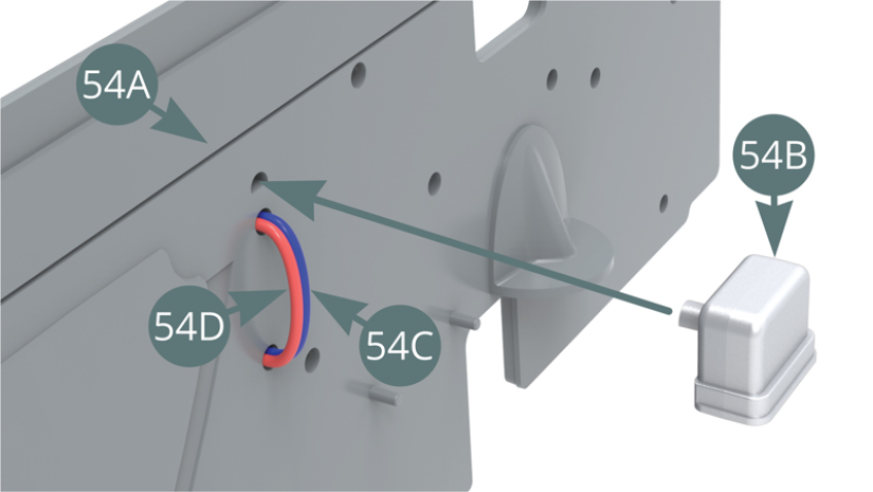 Positionner le régulateur de tension 54B au-dessus des câbles électriques bleu 54C et rouge 54D sur la cloison du cockpit 54A (côté gris).