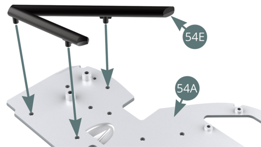 Position the left tubular frame post (54E) on the cabin’s bulkhead (54A) - silver side.