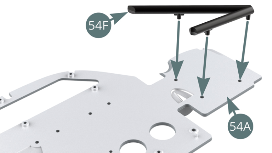 Position the right tubular frame post (54E) on the cabin’s bulkhead (54A) - silver side.