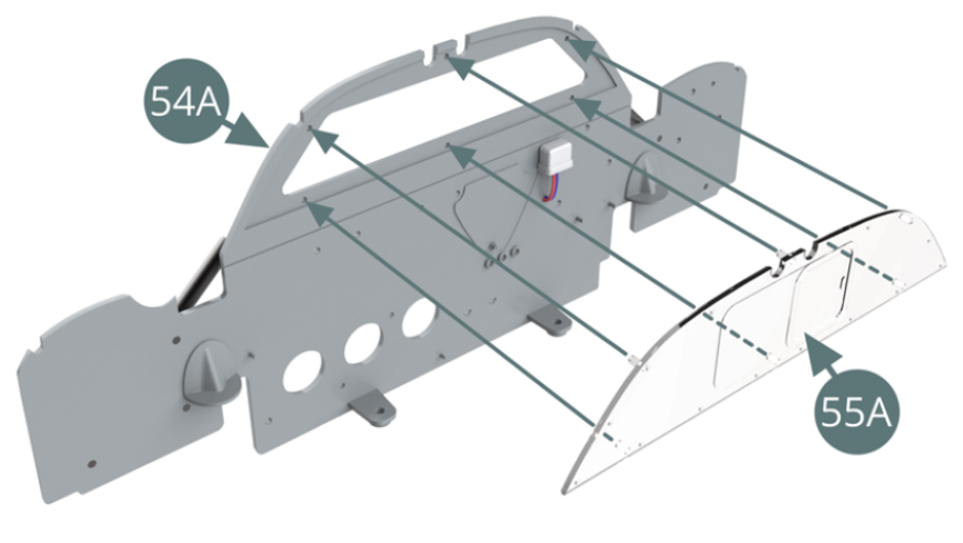 Position the plexiglass partition (55A) on the cabin’s bulkhead (54A) - grey side -  using the six pins provided.