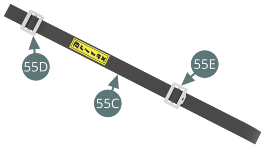 After installing the top buckle (55D), continue in the same way by passing the seat belt (55C) through the bottom buckle (55E) as shown in the illustration. Repeat the operation with the second belt (55C).