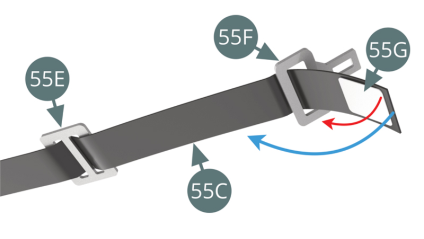 Far passare la cintura di sicurezza (55C) attraverso il blocco della fibbia (55F). Applicare il biadesivo (55G) all'estremità della cintura di sicurezza (55C). Rimuovere la pellicola di supporto (freccia rossa) dall'adesivo (55G), quindi piegare la cintura e incollare l'estremità libera (freccia blu) in modo che trattenga la fibbia (55F).