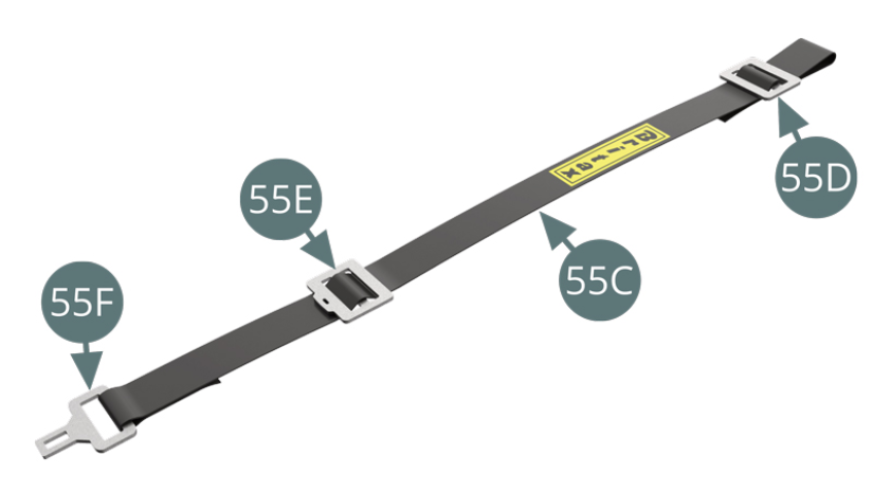 Passer le support 55B dans la boucle à l’extrémité supérieure de la ceinture de sécurité 55C (illustrations ci-contre). Répéter l’opération avec la seconde ceinture 55C.