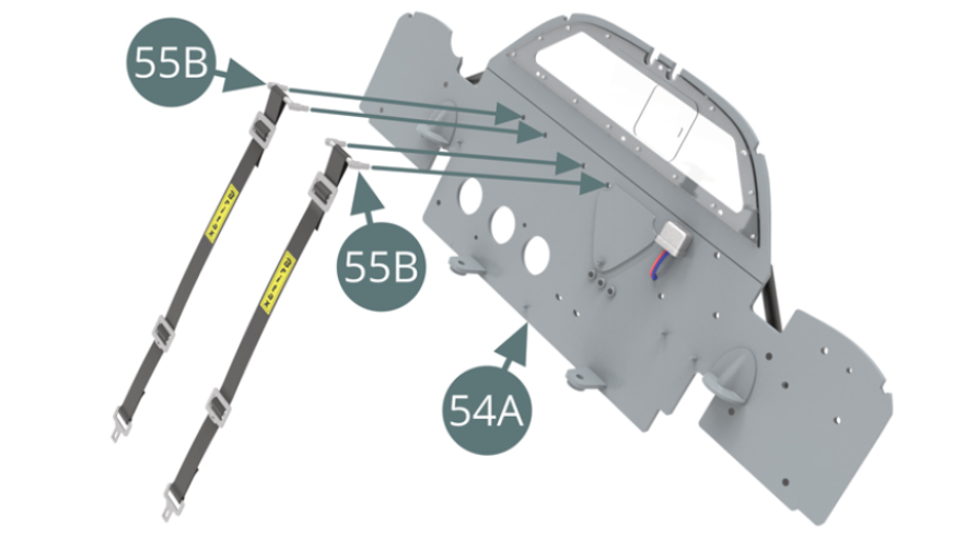 Position the two seat belt supports (55B) on the cabin’s bulkhead  (54A) - grey side.