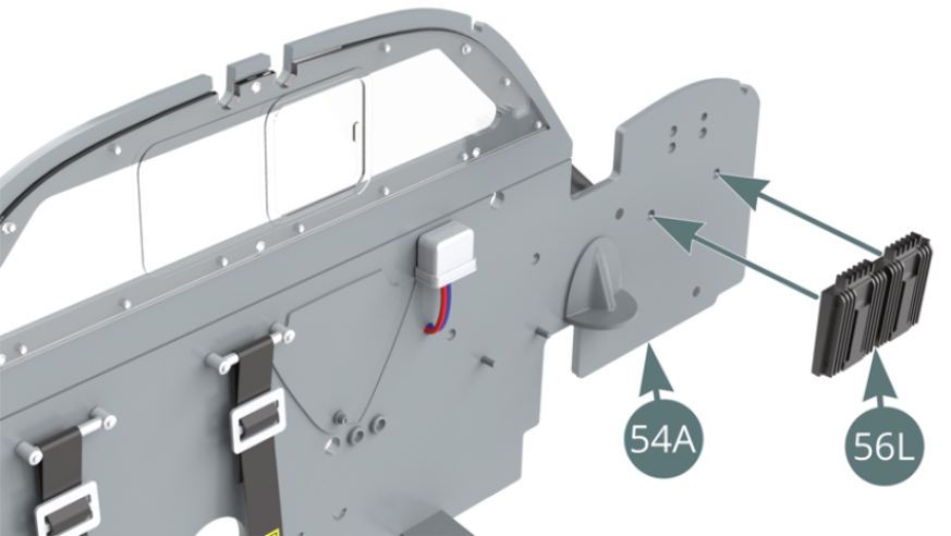 Positionner le boîtier d’allumage 56L sur la cloison de séparation du cockpit 54A.Coupez les quantités et les longueurs de câbles de couleur comme indiqué ci-contre. 