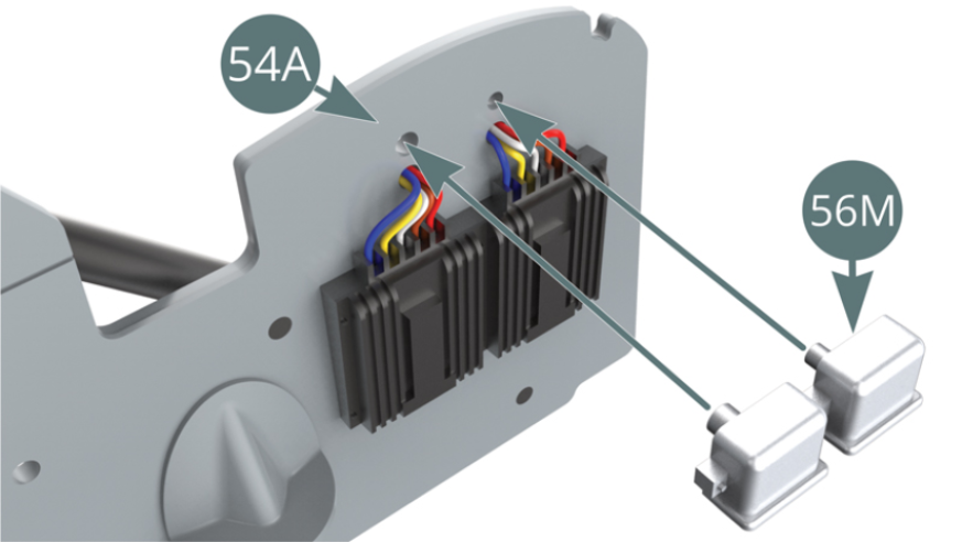 Position the rev limiter relay (56M) on the cabin’s partition (54A). Position the ignition box (56K) on the cabin’s partition (54A).