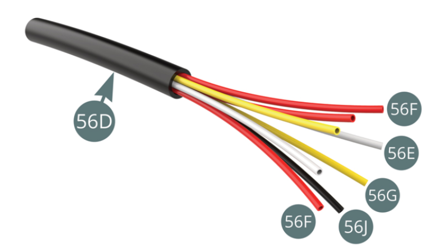 Insert the remaining white (56E), red (56F), yellow (56G) cables previously cut, as well as the black cable (56J), into the black jacket.