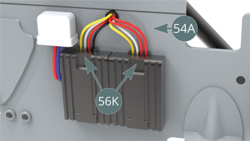 Conecta los extremos de los Cables amarillo, blanco, rojo y negro a las ranuras situadas en la Caja de encendido (56K), como se muestra a continuación.