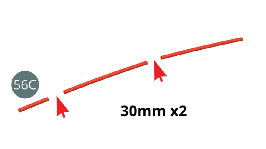 Cut two lengths of 30 mm of the red cable (56C). Cut the quantities and lengths of the black cable (56B) as detailed opposite.