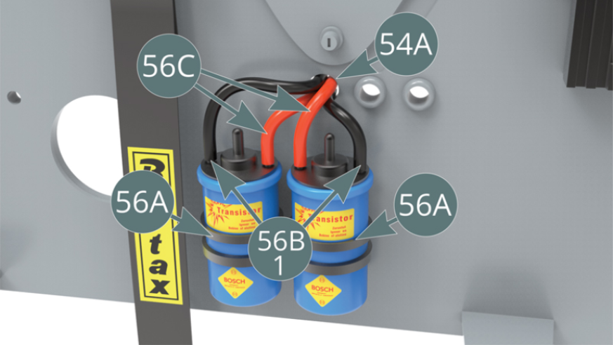 Connect the two red cables (56C) and the two black wires (56B-1), previously cut, to the nipples on the sides above the ignition coils (56A) as shown, then feed the ends through the left opening in the cockpit partition (54A).