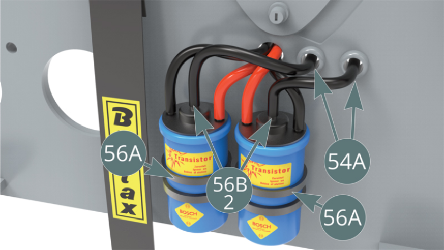 Connect the two black cables (56B-2), previously cut, to the nipples, centrally positioned, above the ignition coils (56A), then feed the ends through the openings (middle and right) in the cockpit partition (54A) as shown below.