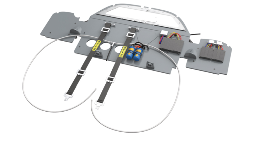 The two fire extinguisher hoses (56R) are attached to the bypass connector (56Q). Pass the two fire extinguisher hoses (56R) through the two large openings at the bottom of the cabin’s partition (54A) so that they exit on the other side.