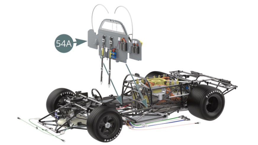 Start by aligning the cabin’s bulkhead (54A) above the location it is to be integrated into the chassis.