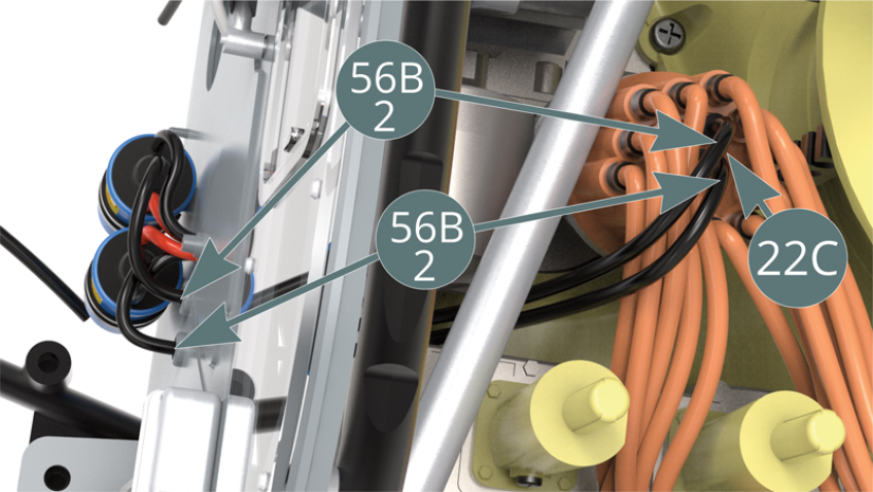 The two black wires (56B-2) are connected to the two free ignition wire connectors (22C). Attach the cabin’s partition (54A) to the lower frame (25A) with two BM screws. Assemble the two fire extinguisher halves (56O and 56P).