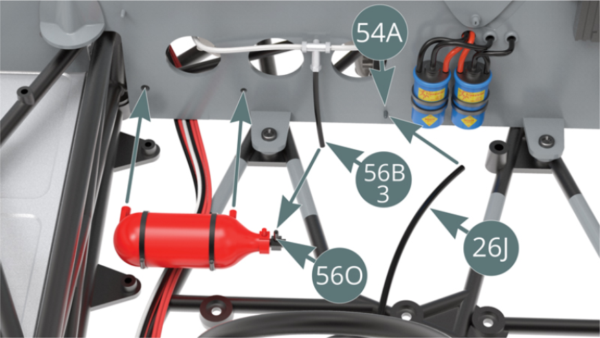 Position the fire extinguisher (56O) on the cabin’s bulkhead (54A) and connect the end of the black cable (56B-3) to the fire extinguisher head (56O). Attach the clutch cable (26J) to the bottom of the cabin’s bulkhead (54A).