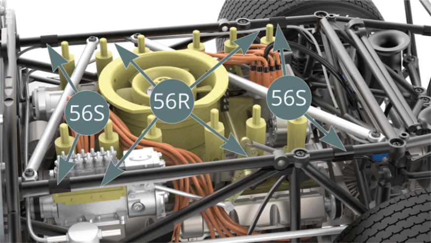 Attach the fire extinguisher hoses (56R), along the two upper lateral tubes of the engine cradle, with four pieces of tape (56S) - illustrations opposite and below.